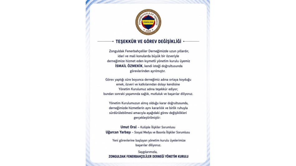 GÖREV DEĞİŞİKLİĞİ DUYURUSU VE TEŞEKKÜR